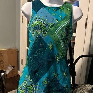 Vintage 1990s 90s Turquoise and Blue Print Dress by Anbabauro. Size 6